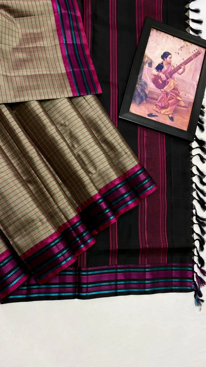 Kanchi Wine Checks Silk Saree
